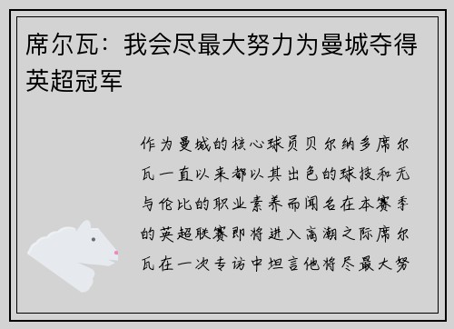 席尔瓦：我会尽最大努力为曼城夺得英超冠军